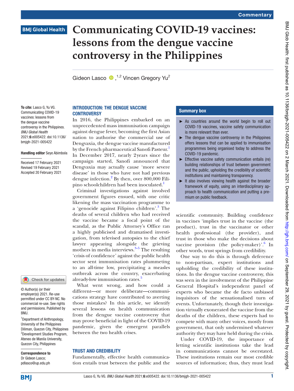 Lessons from the Dengue Vaccine Controversy in the Philippines