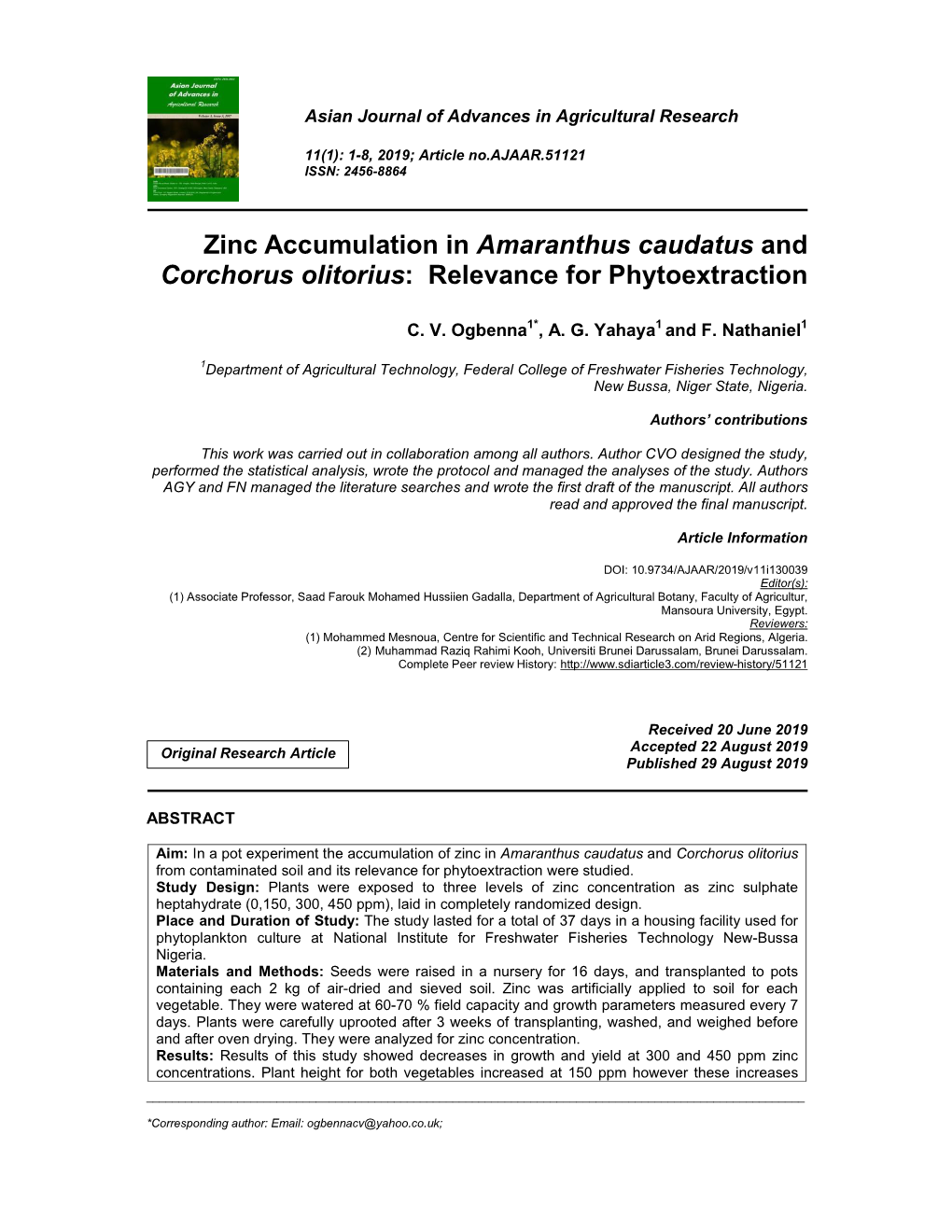 Zinc Accumulation in Amaranthus Caudatus and Corchorus Olitorius: Relevance for Phytoextraction