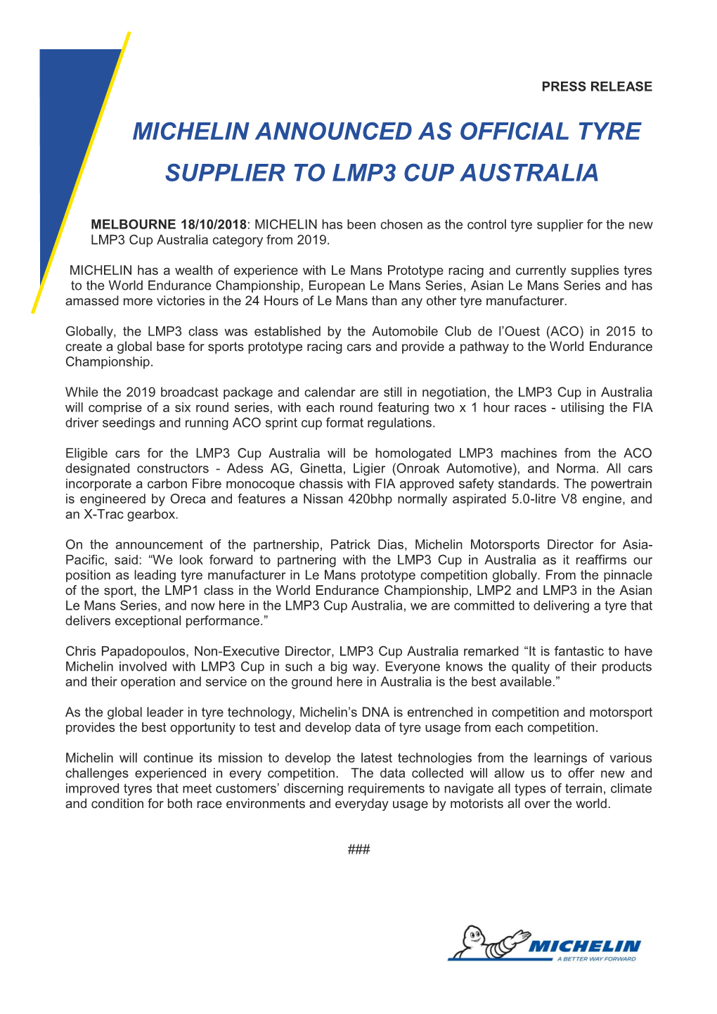 Michelin Announced As Official Tyre Supplier to Lmp3 Cup Australia