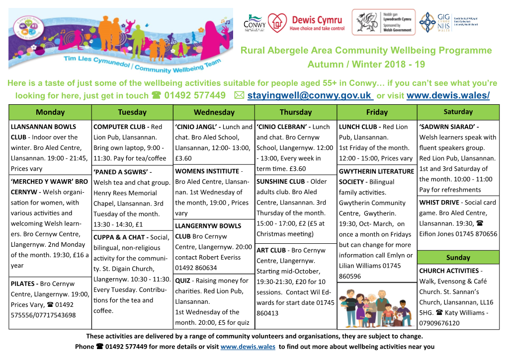 Rural Abergele Area Community Wellbeing Programme Autumn / Winter 2018 - 19