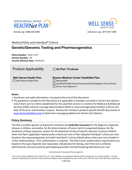 Genetic/Genomic Testing and Pharmacogenetics (Policy OCA