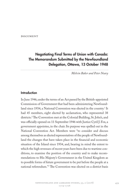 Negotiating Final Terms of Union with Canada: the Memorandum Submitted by the Newfoundland Delegation, Ottawa, 13 October 1948