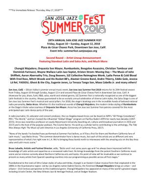 29TH ANNUAL SAN JOSE JAZZ SUMMER FEST Friday, August 10 – Sunday, August 12, 2018 Plaza De César Chavez Park, Downtown San Jose, Calif