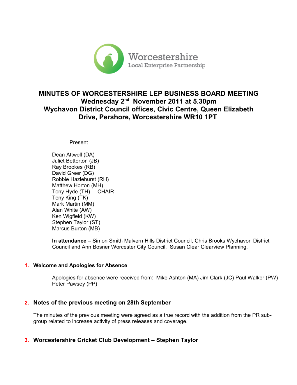 Minutes of Worcestershire Lep Business Board Meeting