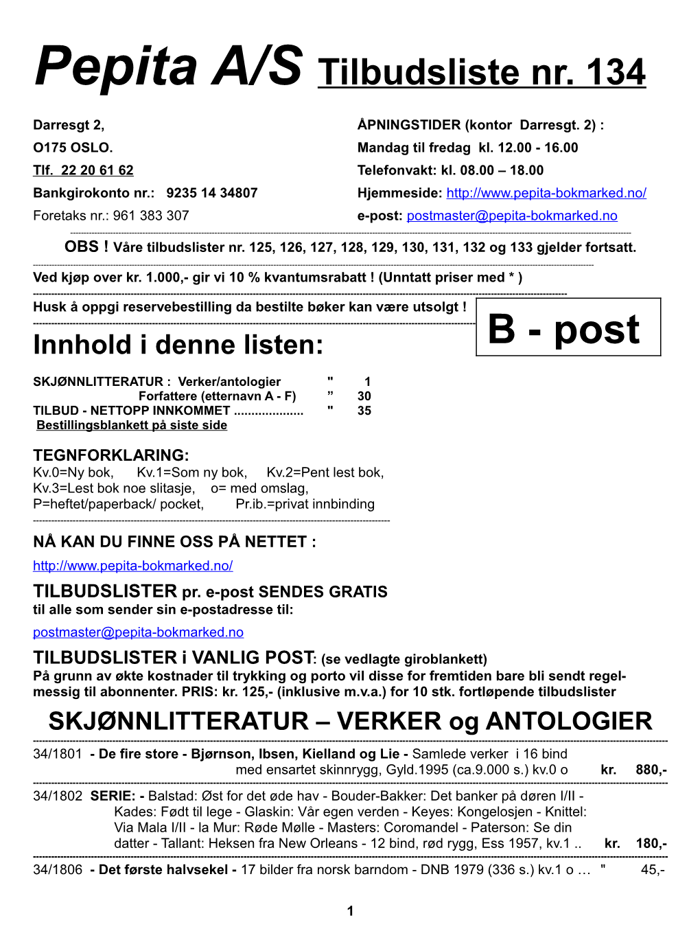 Pepita A/S Tilbudsliste Nr. 134