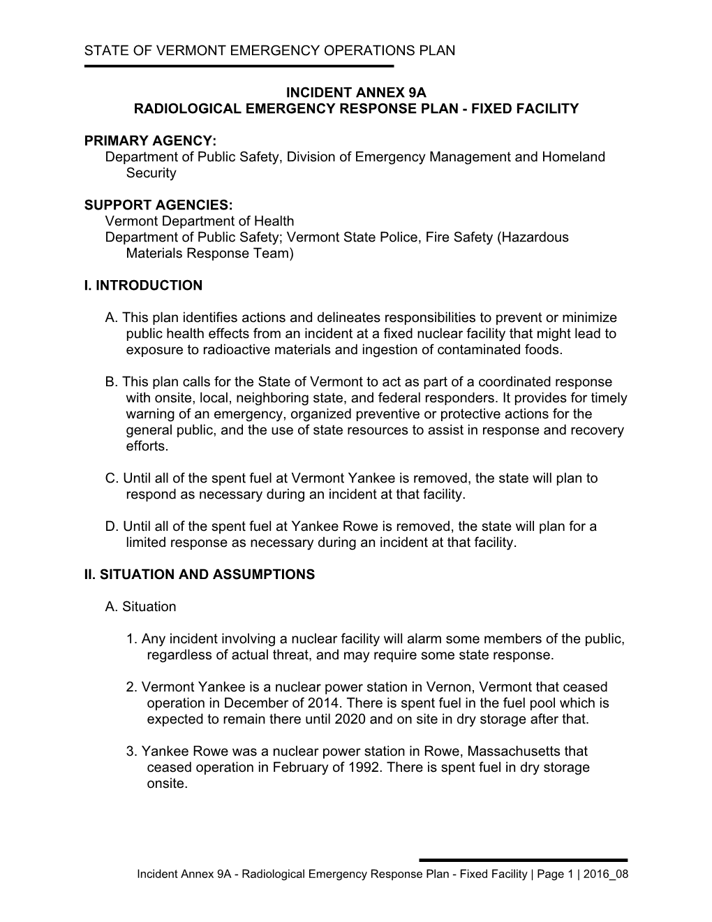 Incident Annex 9A Radiological Emergency Response Plan - Fixed Facility