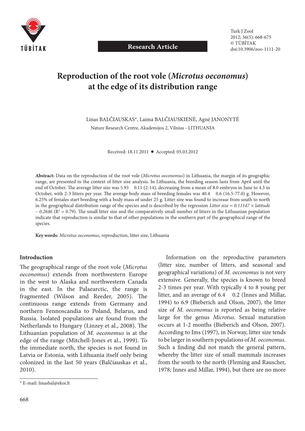 Reproduction of the Root Vole (Microtus Oeconomus) at the Edge of Its Distribution Range