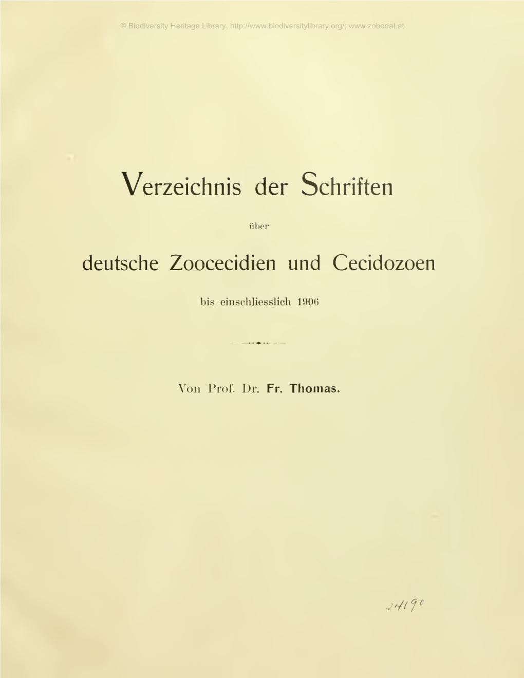 Verzeichnis Der Schriften Über Deutsche Zoocecidien