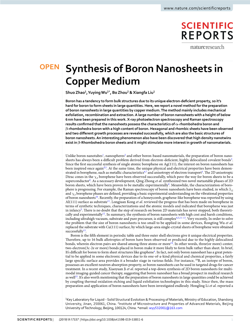 Synthesis of Boron Nanosheets in Copper Medium Shuo Zhao1, Yuying Wu1*, Bo Zhou2 & Xiangfa Liu1