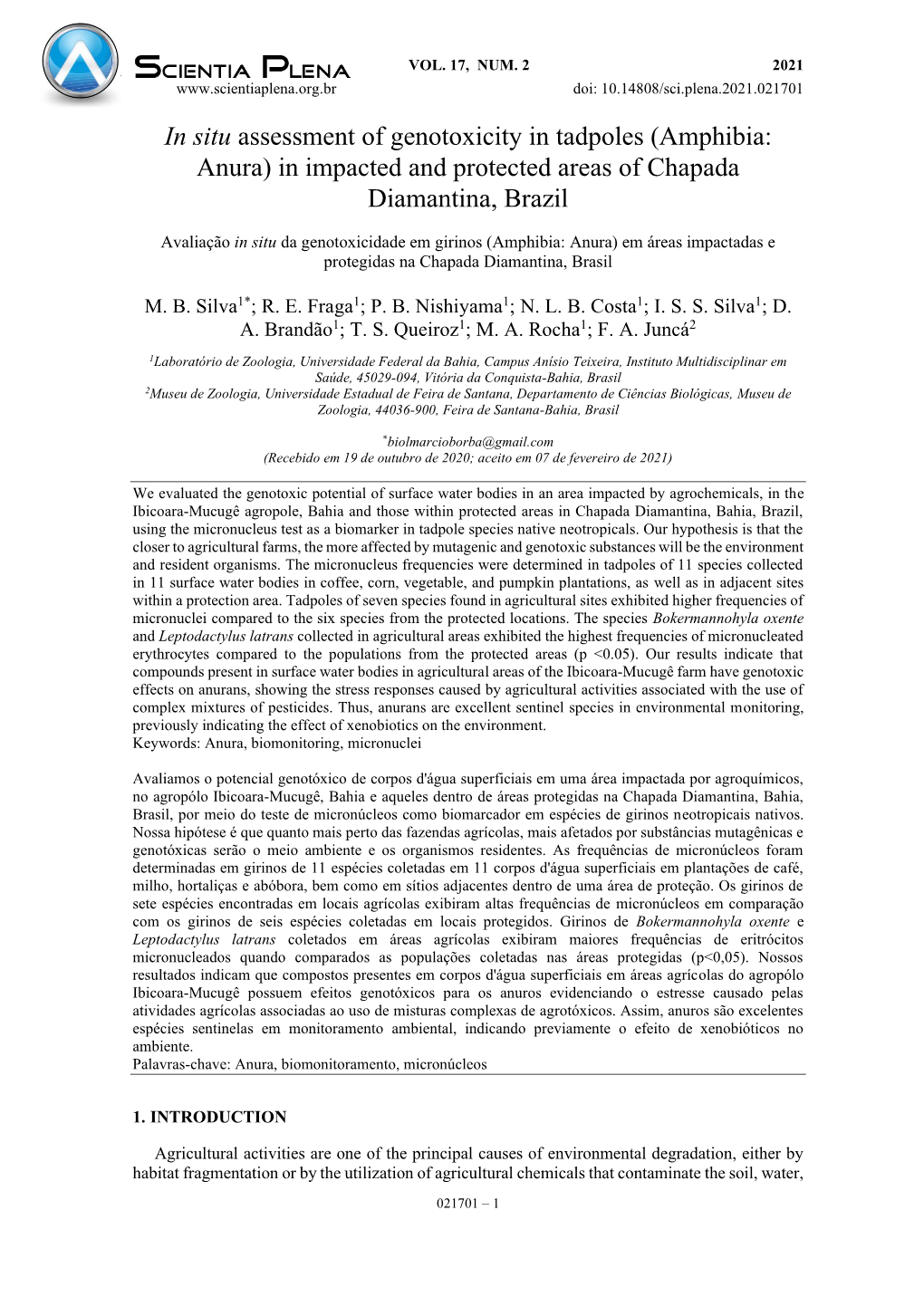 In Situ Assessment of Genotoxicity in Tadpoles (Amphibia: Anura) in Impacted and Protected Areas of Chapada Diamantina, Brazil