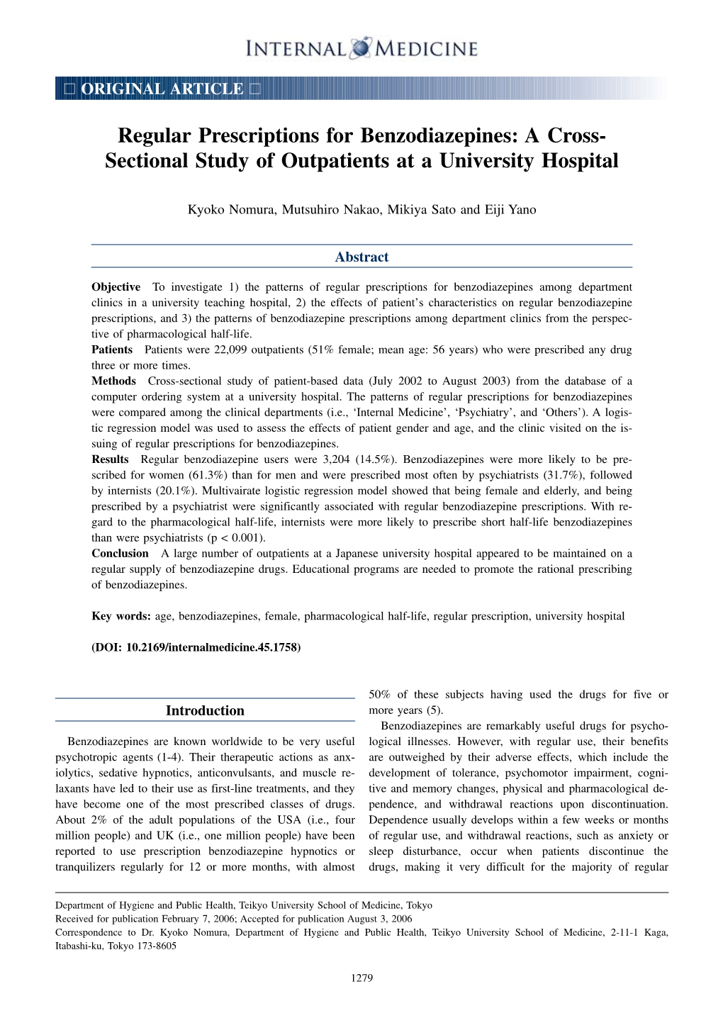 Regular Prescriptions for Benzodiazepines: a Cross- Sectional Study of Outpatients at a University Hospital