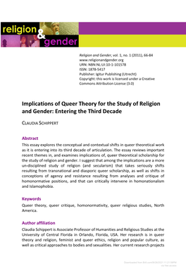 Implications of Queer Theory for the Study of Religion and Gender: Entering the Third Decade