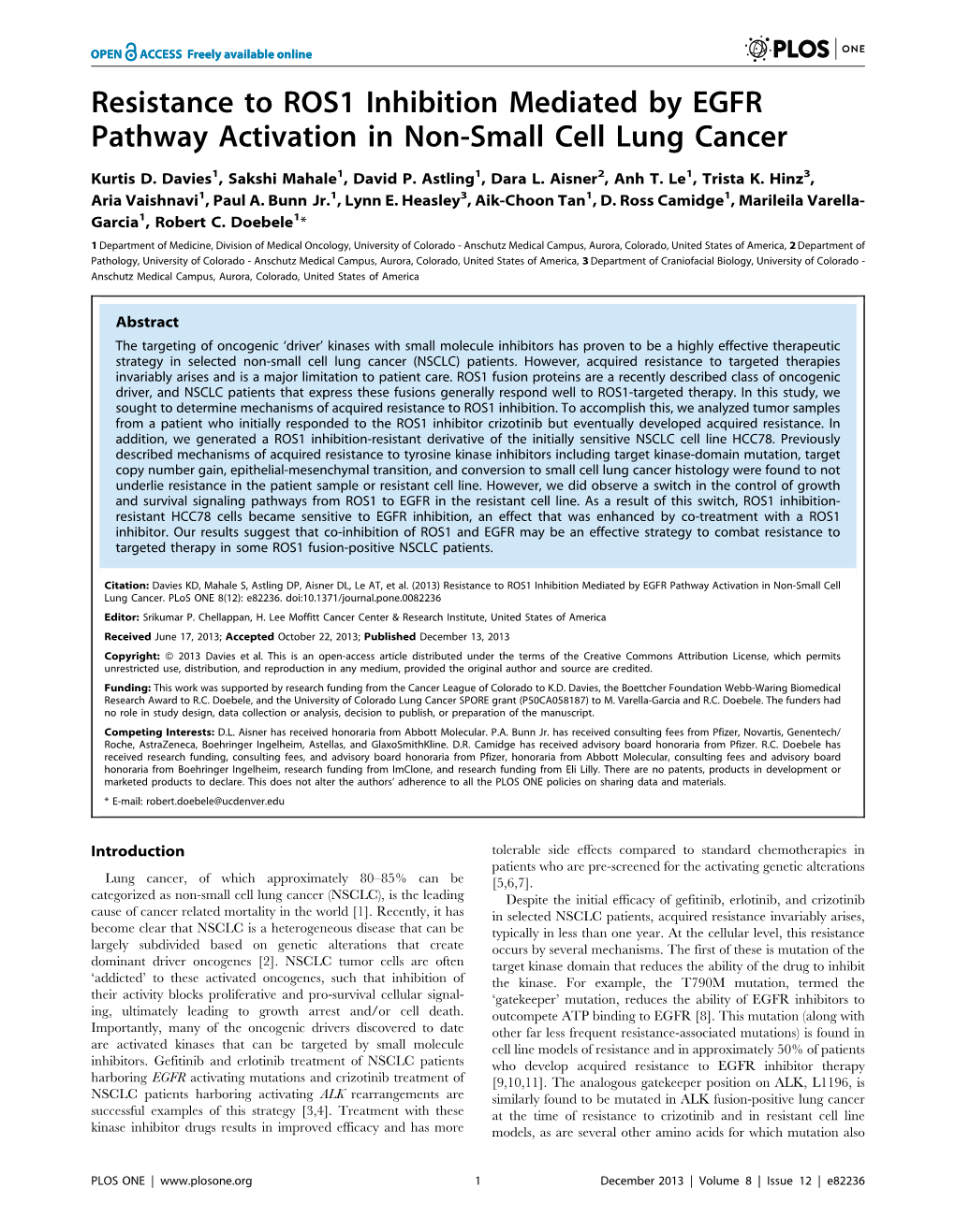 Resistance to ROS1 Inhibition Mediated by EGFR Pathway Activation in Non-Small Cell Lung Cancer