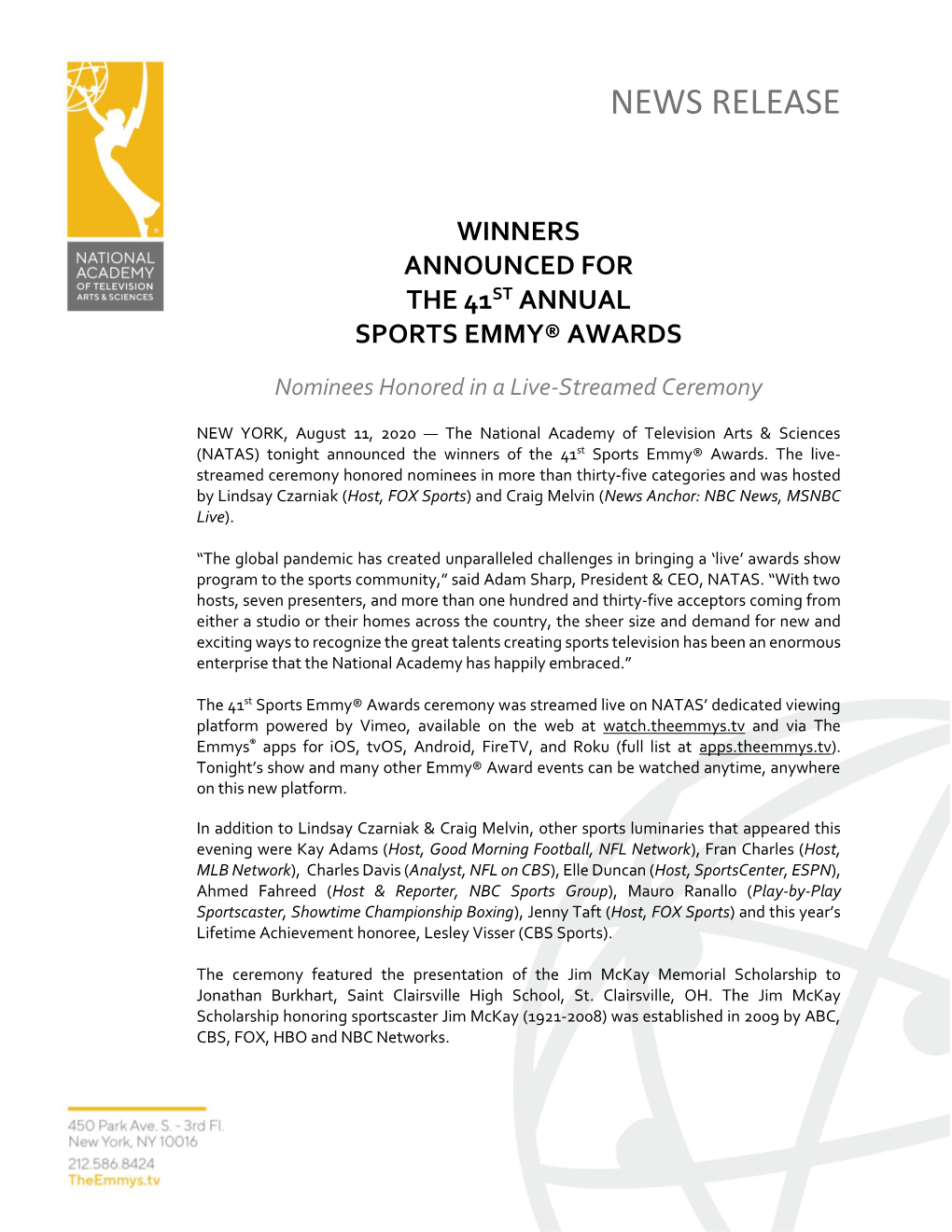 Winners Announced for the 41St Annual Sports Emmy® Awards