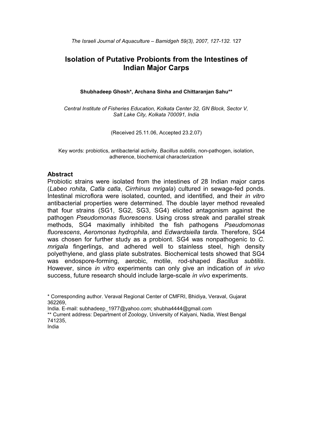 The Israeli Journal of Aquaculture Bamidgeh 59(3), 2007, 127-132