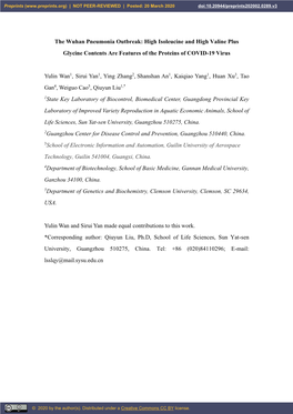 The Wuhan Pneumonia Outbreak: High Isoleucine and High Valine Plus Glycine Contents Are Features of the Proteins of COVID-19 Virus