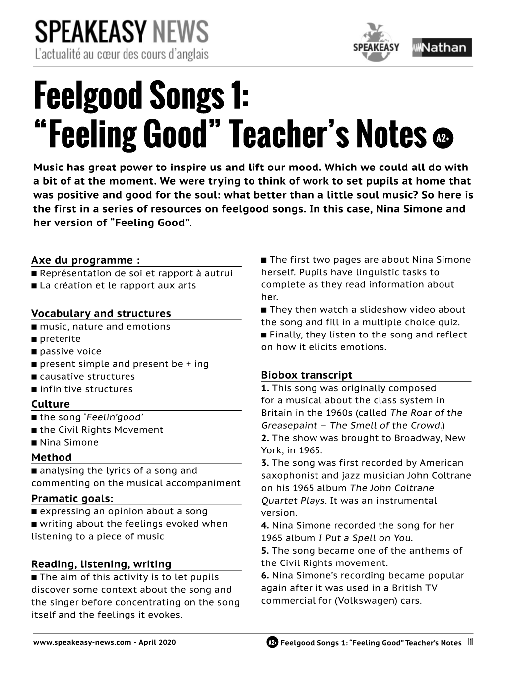 Feelgood Songs 1: “Feeling Good” Teacher's Notes