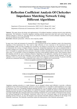 Reflection Coefficient Analysis of Chebyshev Impedance Matching Network Using Different Algorithms
