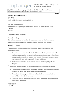 455.1 Animal Welfare Ordinance (Tschv) of 23 April 2008 (Position As at 1 April 2011)