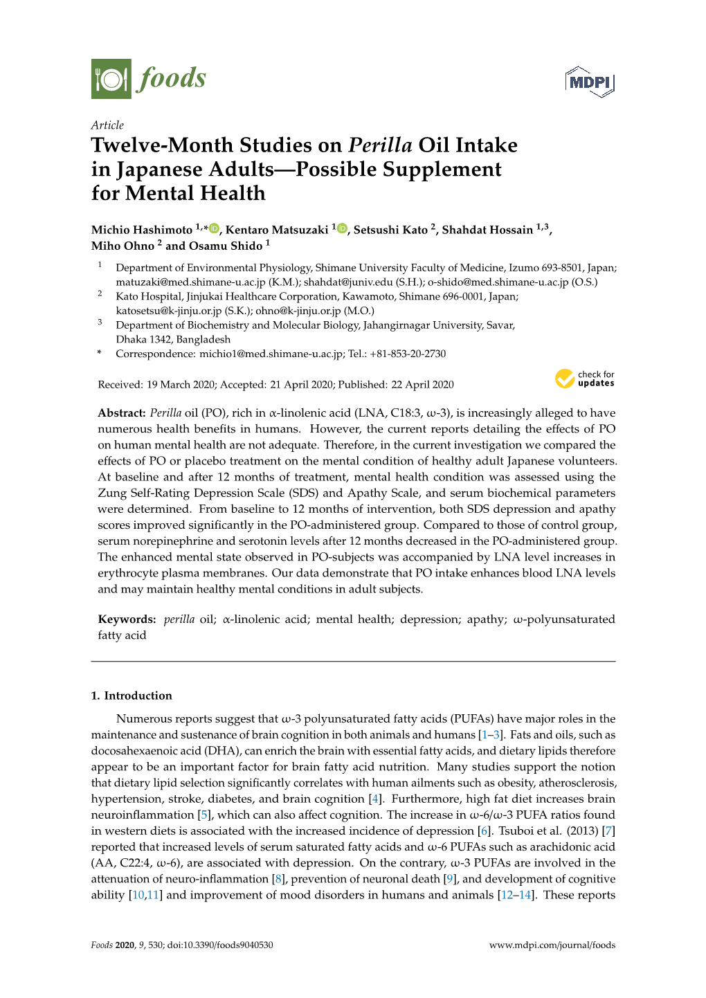 Twelve-Month Studies on Perilla Oil Intake in Japanese Adults—Possible Supplement for Mental Health