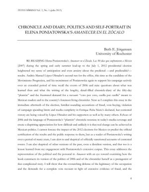 Chronicle and Diary, Politics and Self-Portrait in Elena Poniatowska’S Amanecer En El Zócalo