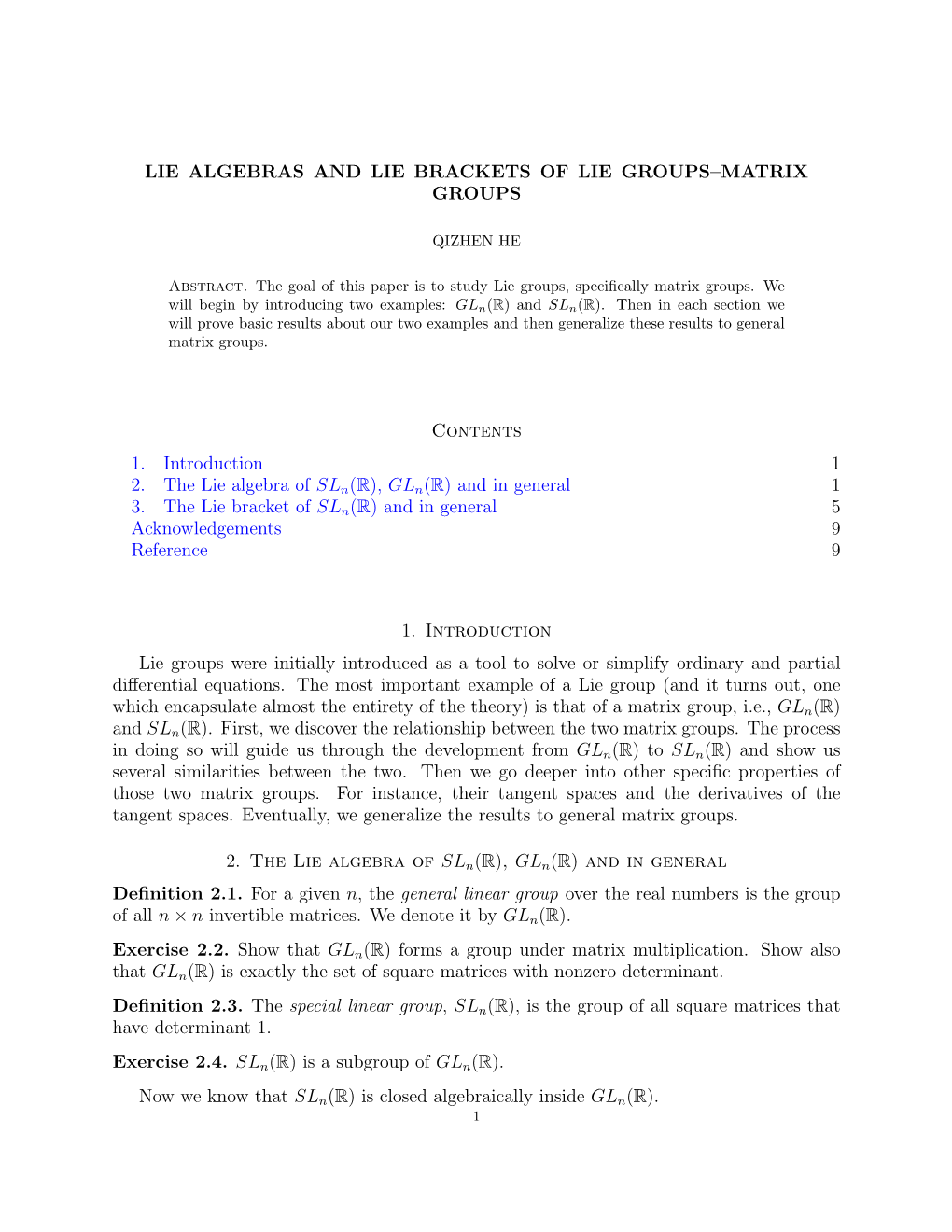 Lie Algebras and Lie Brackets of Lie Groups–Matrix Groups