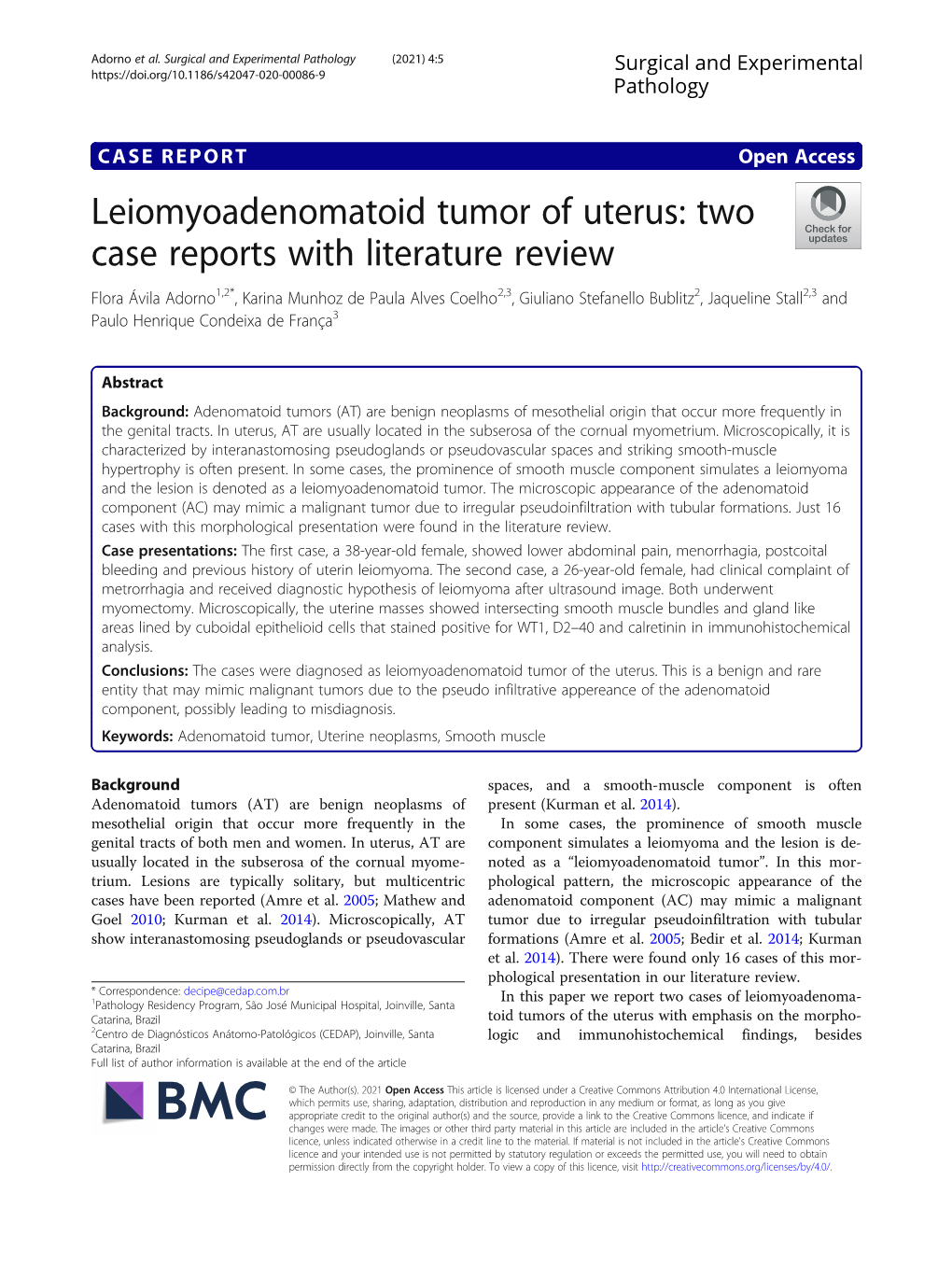 Leiomyoadenomatoid Tumor of Uterus: Two Case Reports with Literature Review