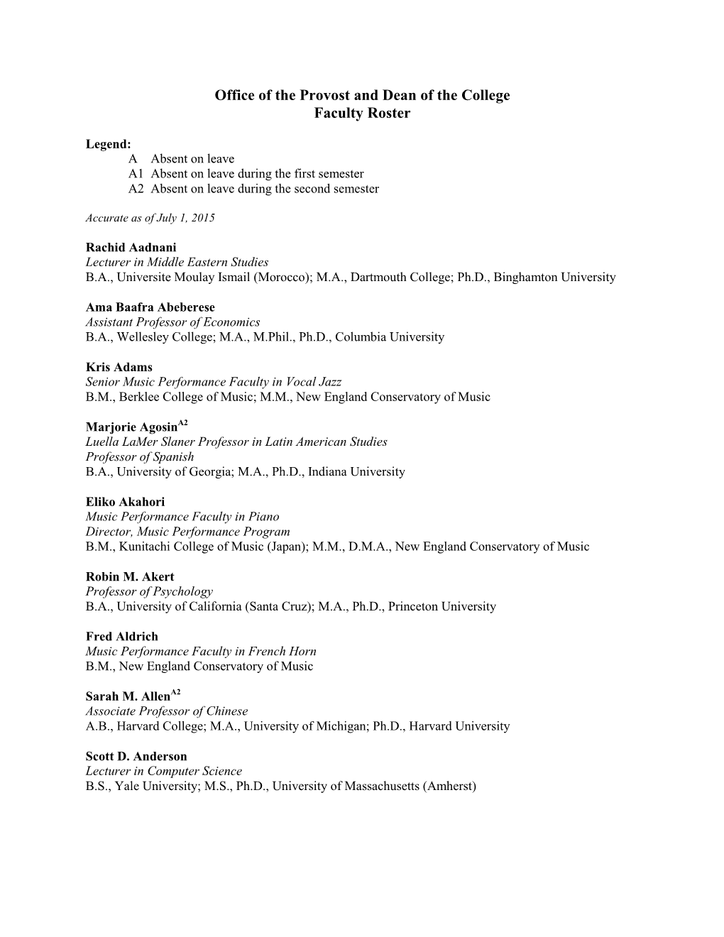 Office of the Provost and Dean of the College Faculty Roster