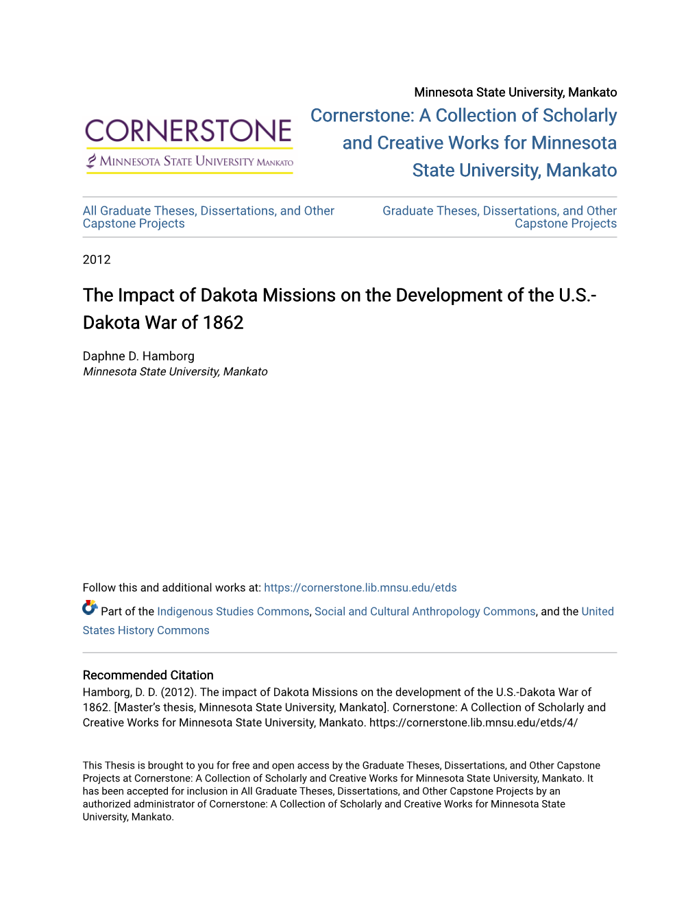 The Impact of Dakota Missions on the Development of the U.S.-Dakota War of 1862