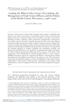Leading the White-Collar Union: Clive Jenkins, the Management of Trade-Union Officers, and the Politics of the British Labour Mo