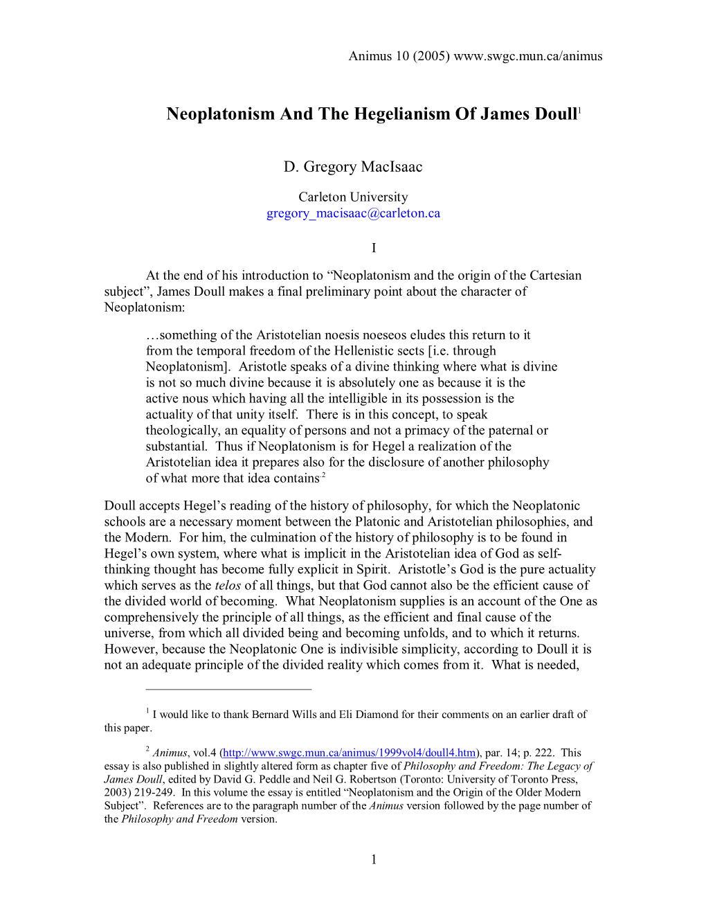 Neoplatonism and the Hegelianism of James Doull1