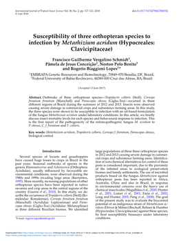 Susceptibility of Three Orthopteran Species to Infection by Metarhizium Acridum (Hypocreales: Clavicipitaceae)