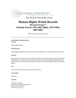 Record Group 7: Helsinki Watch, 1952-2003 (Bulk, 1978-1994) HR# 0002