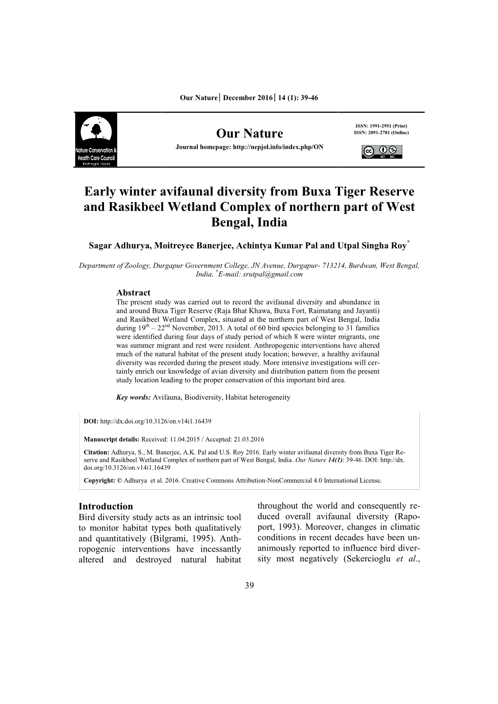 Winter Avifaunal Diversity from Buxa Tiger Reserve Asikbeel Wetland Complex of Northern Part of West Bengal, India