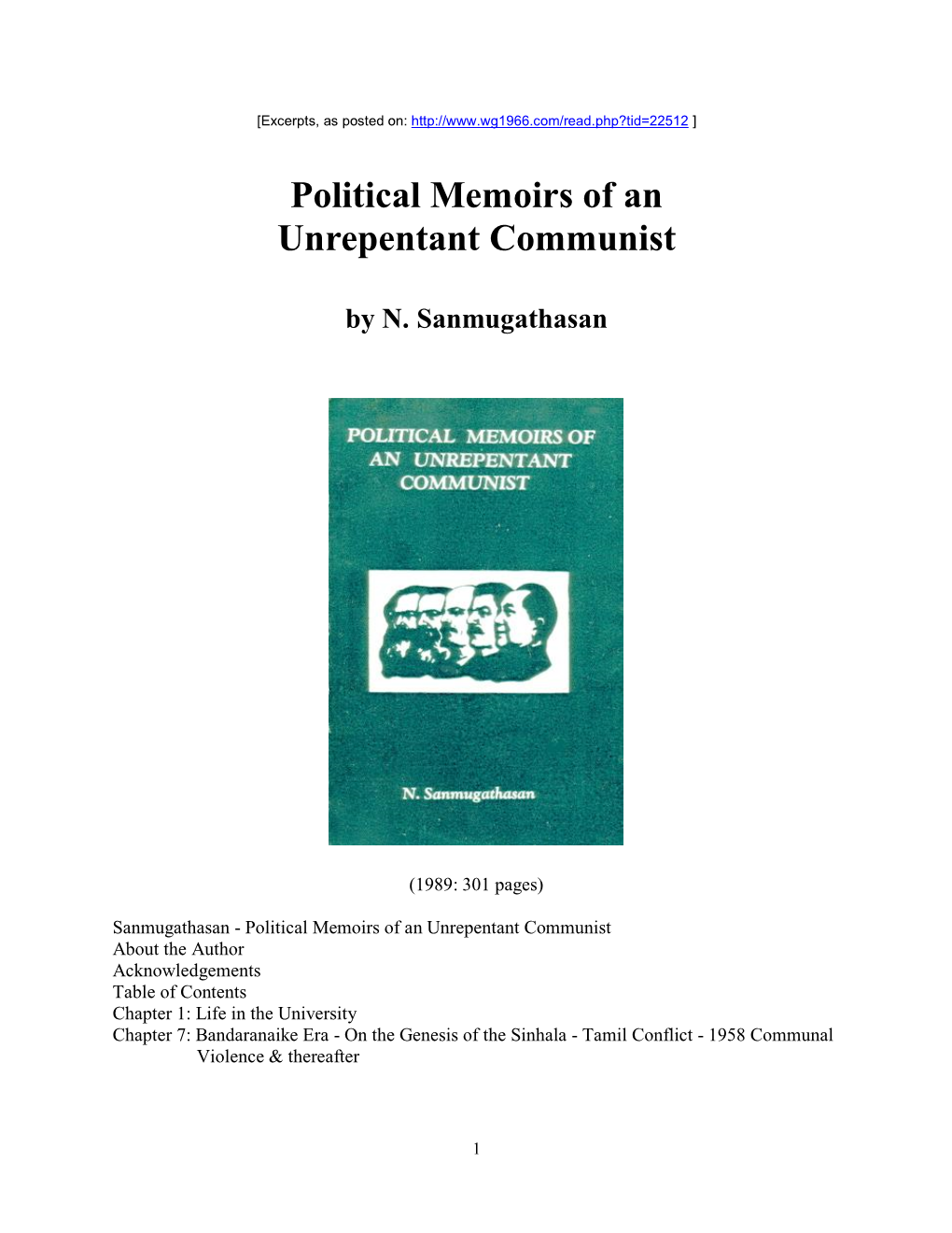 Political Memoirs of an Unrepentant Communist