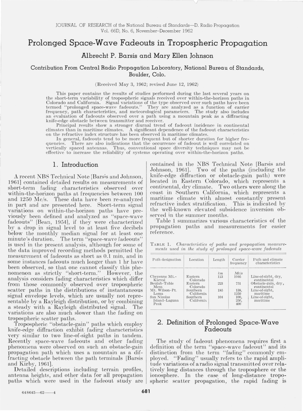 Prolonged Space-Wave Fadeouts in Tropospheric Propagation Albrecht P