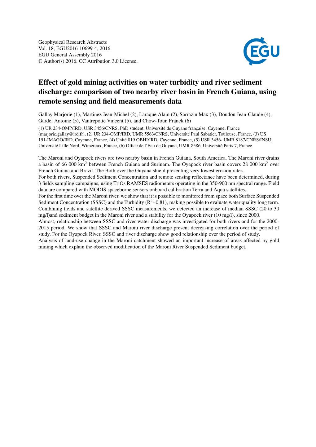 Comparison of Two Nearby River Basin in French Guiana, Using Remote Sensing and ﬁeld Measurements Data