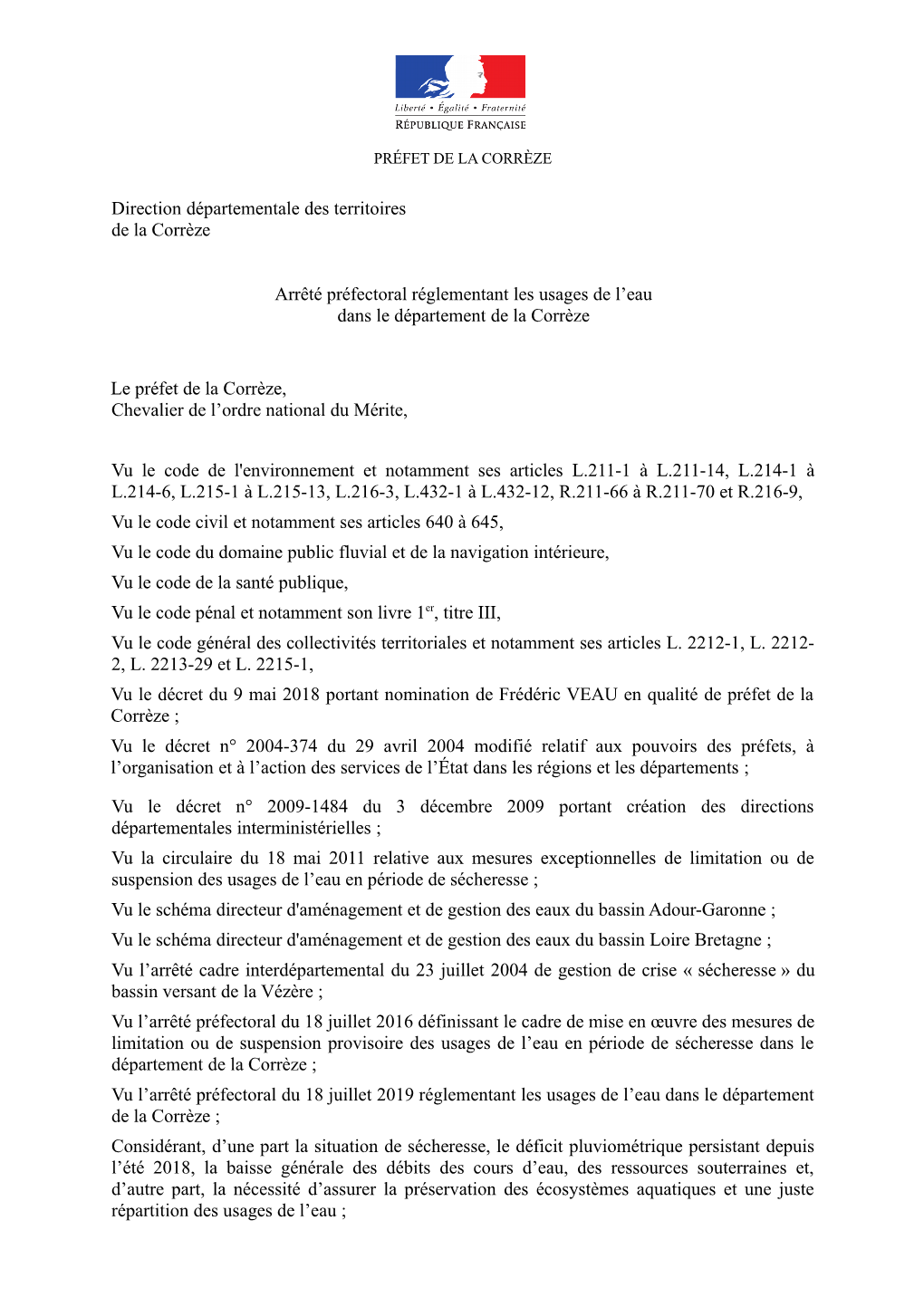 Arrêté Préfectoral 28.08.2019 Réglementation Usages D'eau