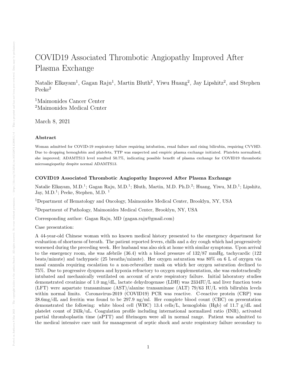 COVID19 Associated Thrombotic Angiopathy Improved After Plasma