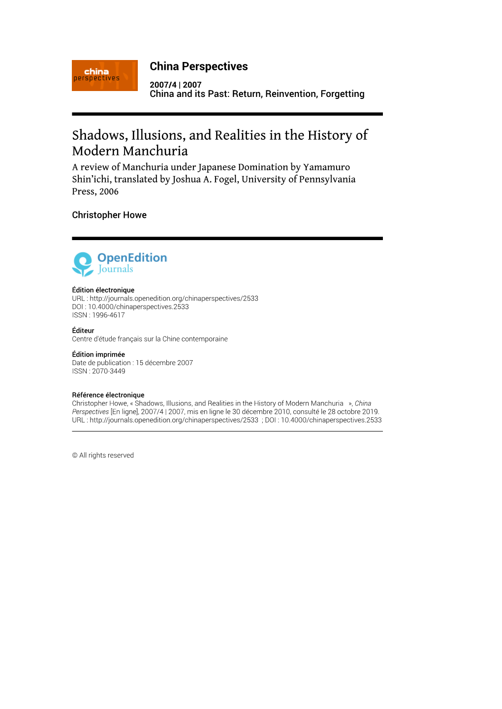 Shadows, Illusions, and Realities in the History of Modern Manchuria a Review of Manchuria Under Japanese Domination by Yamamuro Shin’Ichi, Translated by Joshua A