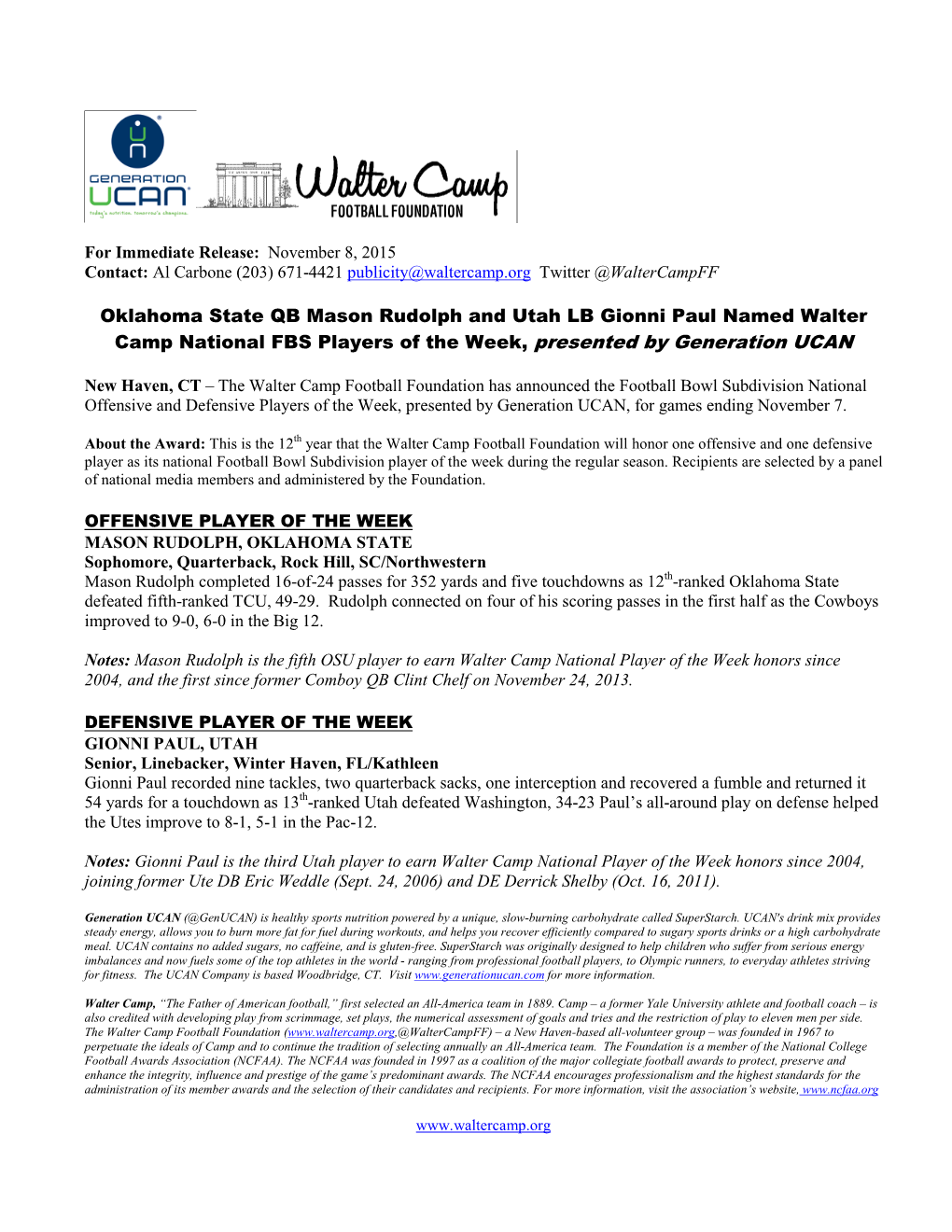 UCANN Generation to Sponsor Walter Camp National College Football Players of the Week
