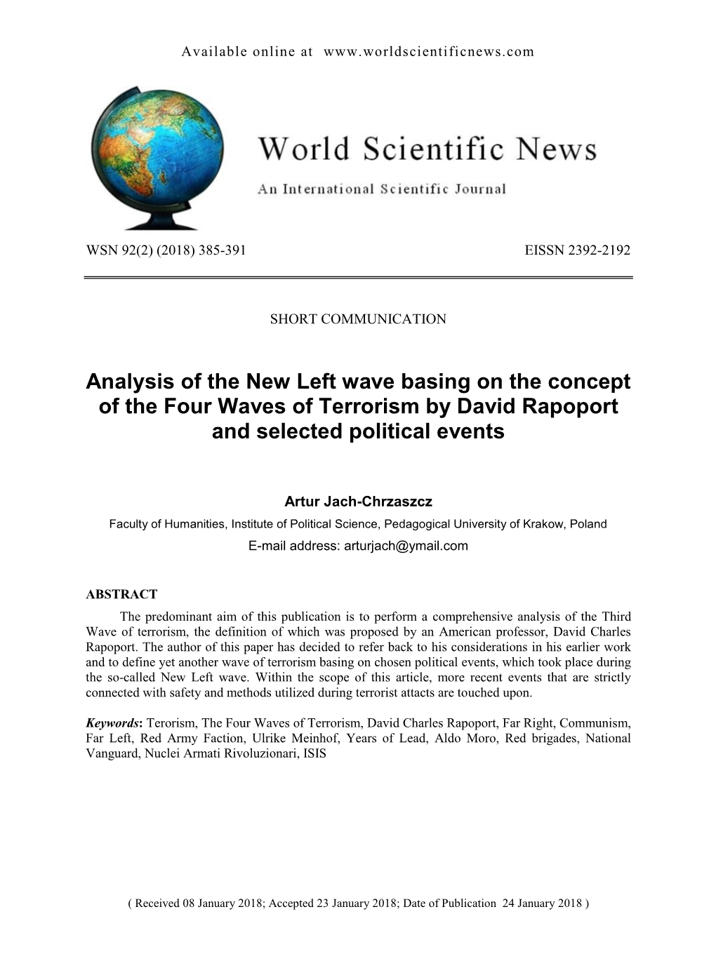 Analysis of the New Left Wave Basing on the Concept of the Four Waves of Terrorism by David Rapoport and Selected Political Events