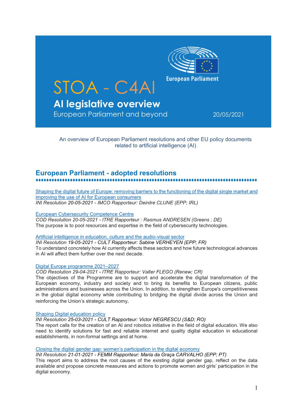 STOA - C4AI AI Legislative Overview European Parliament and Beyond 20/05/2021