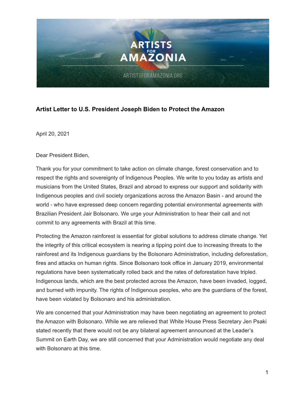 Artist Letter to U.S. President Joseph Biden to Protect the Amazon