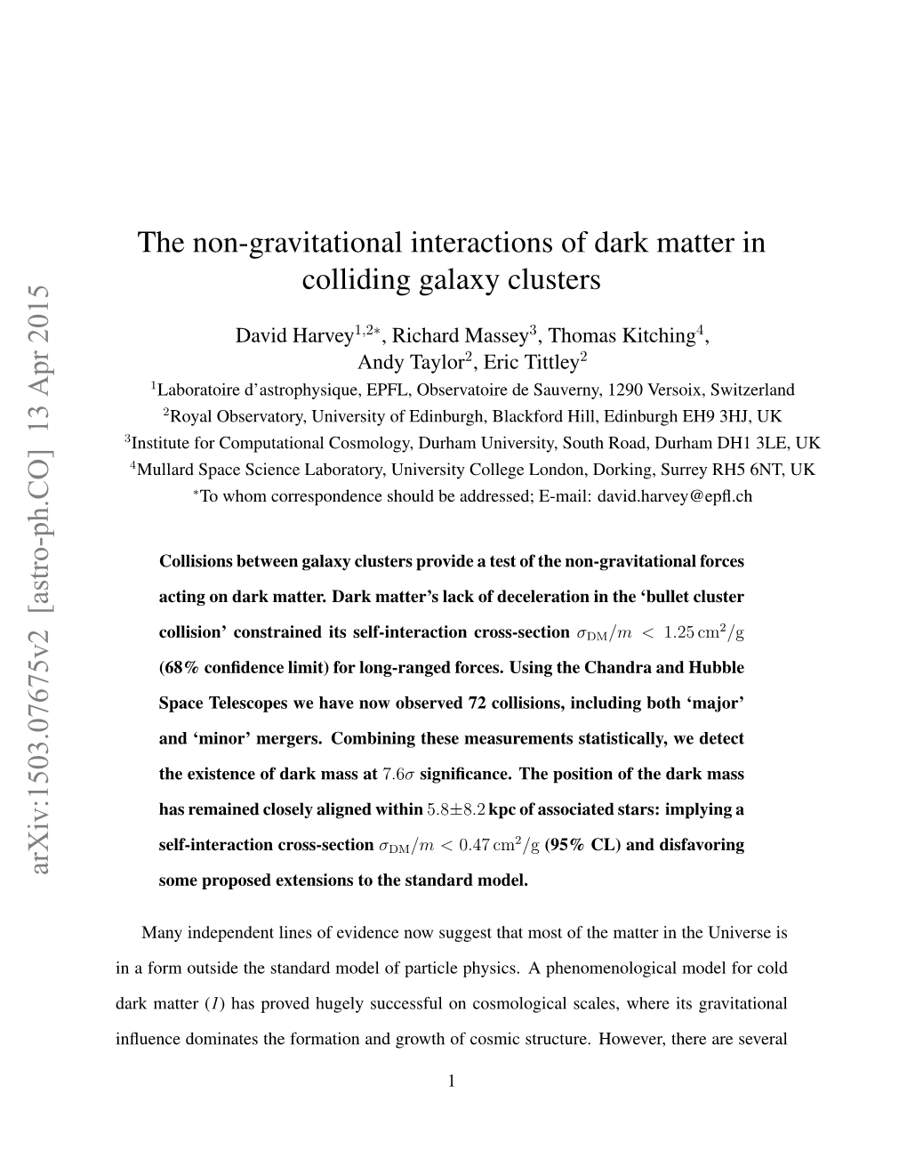 The Non-Gravitational Interactions of Dark Matter in Colliding Galaxy Clusters Arxiv:1503.07675V2