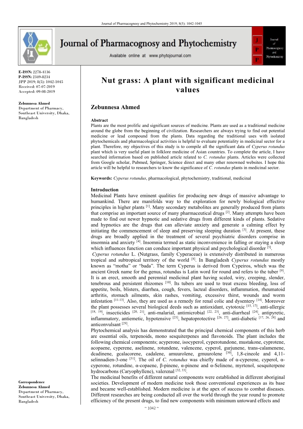 Nut Grass: a Plant with Significant Medicinal Received: 07-07-2019 Accepted: 09-08-2019 Values