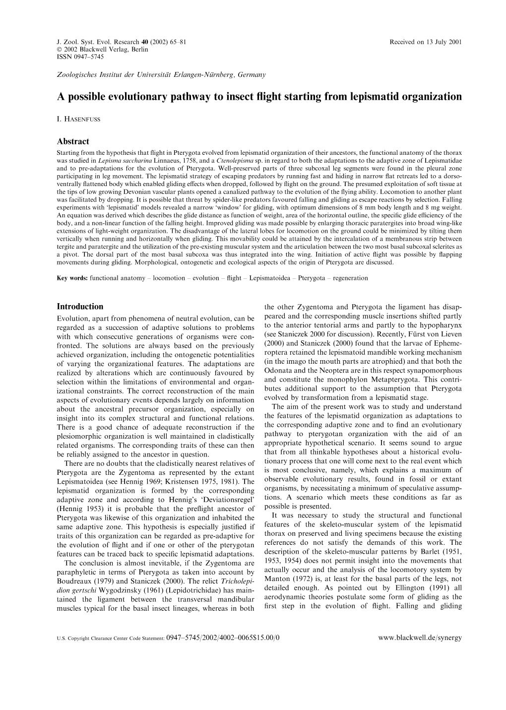 A Possible Evolutionary Pathway to Insect Flight Starting from Lepismatid