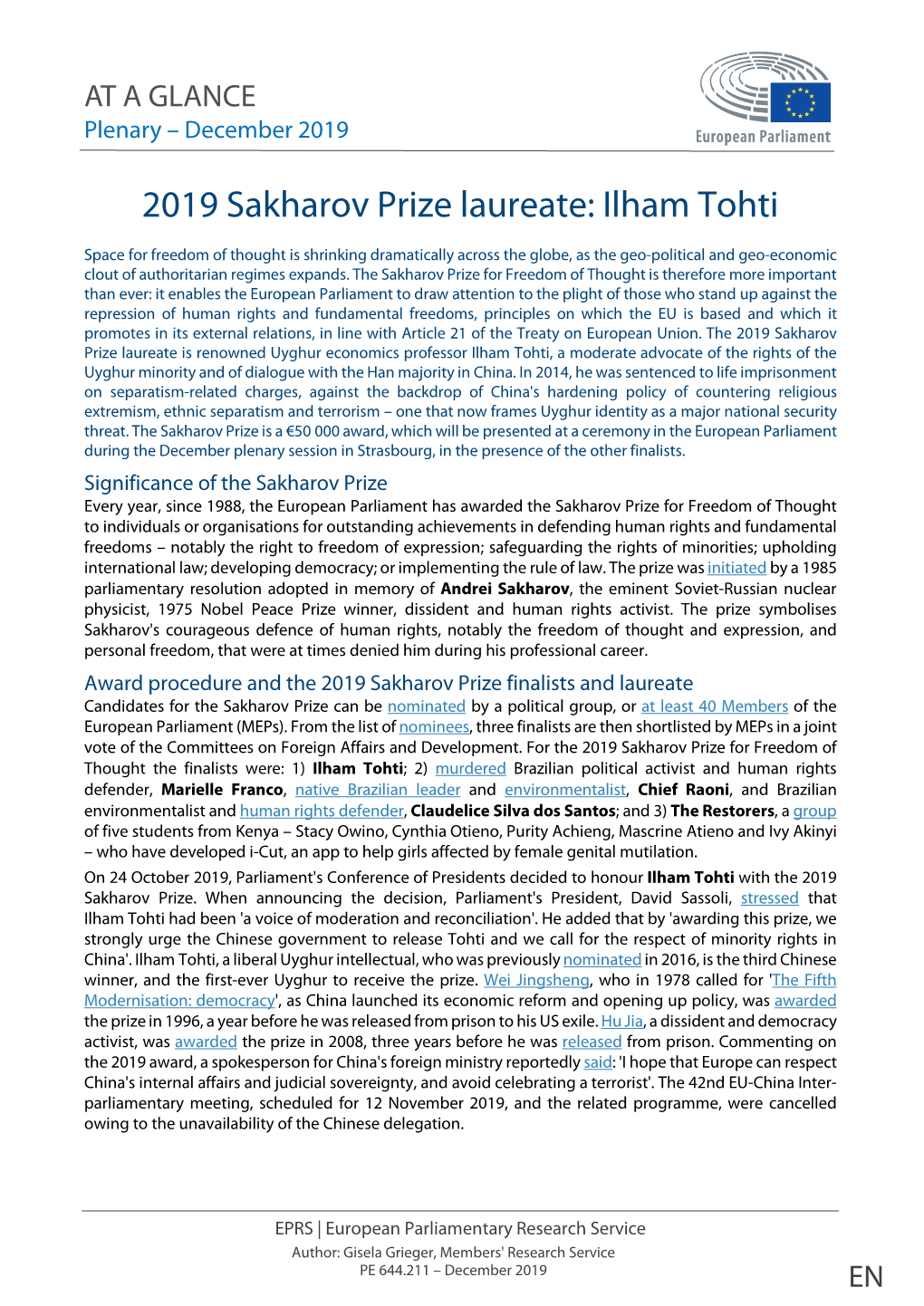 The 2019 Sakharov Prize Laureate: Ilham Tohti