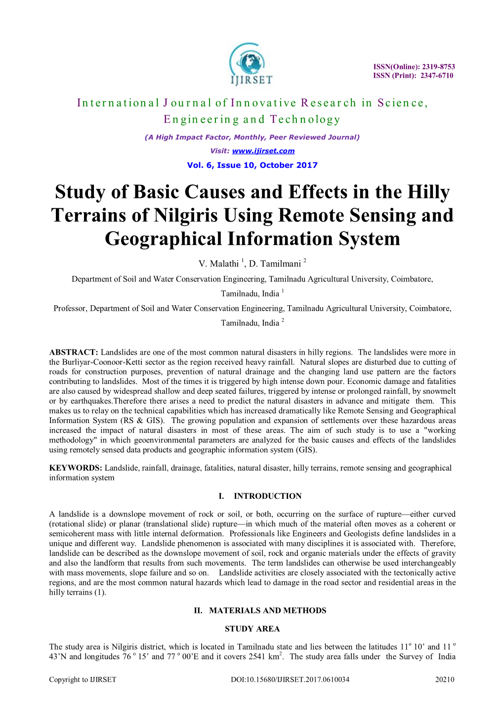 Study of Basic Causes and Effects in the Hilly Terrains of Nilgiris Using Remote Sensing and Geographical Information System