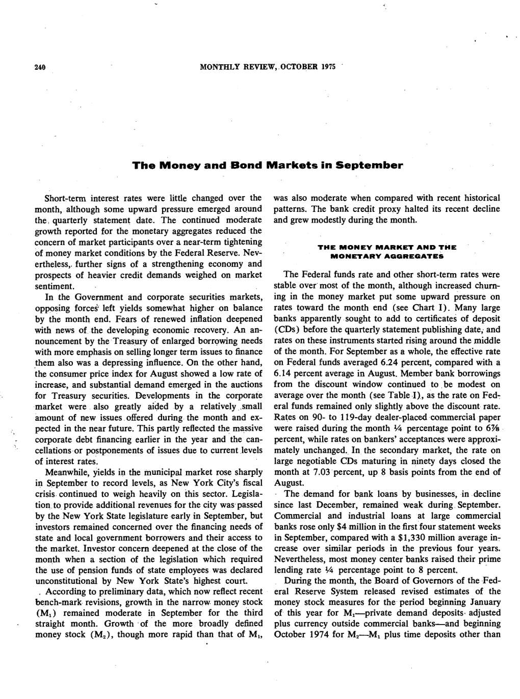 The Money and Bond Markets in September 1975